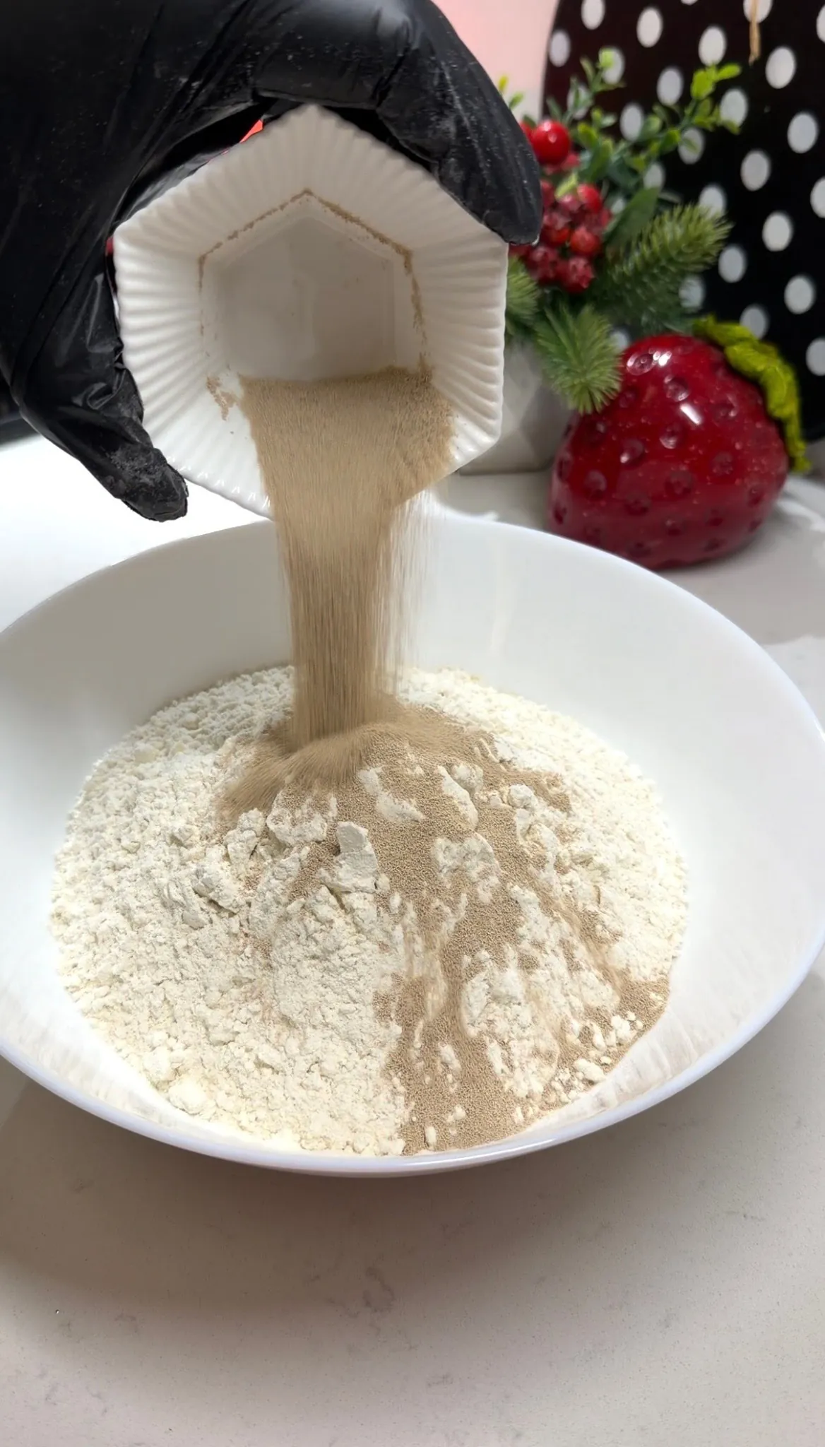 Balloon flatbread dough divided into ten balls before resting