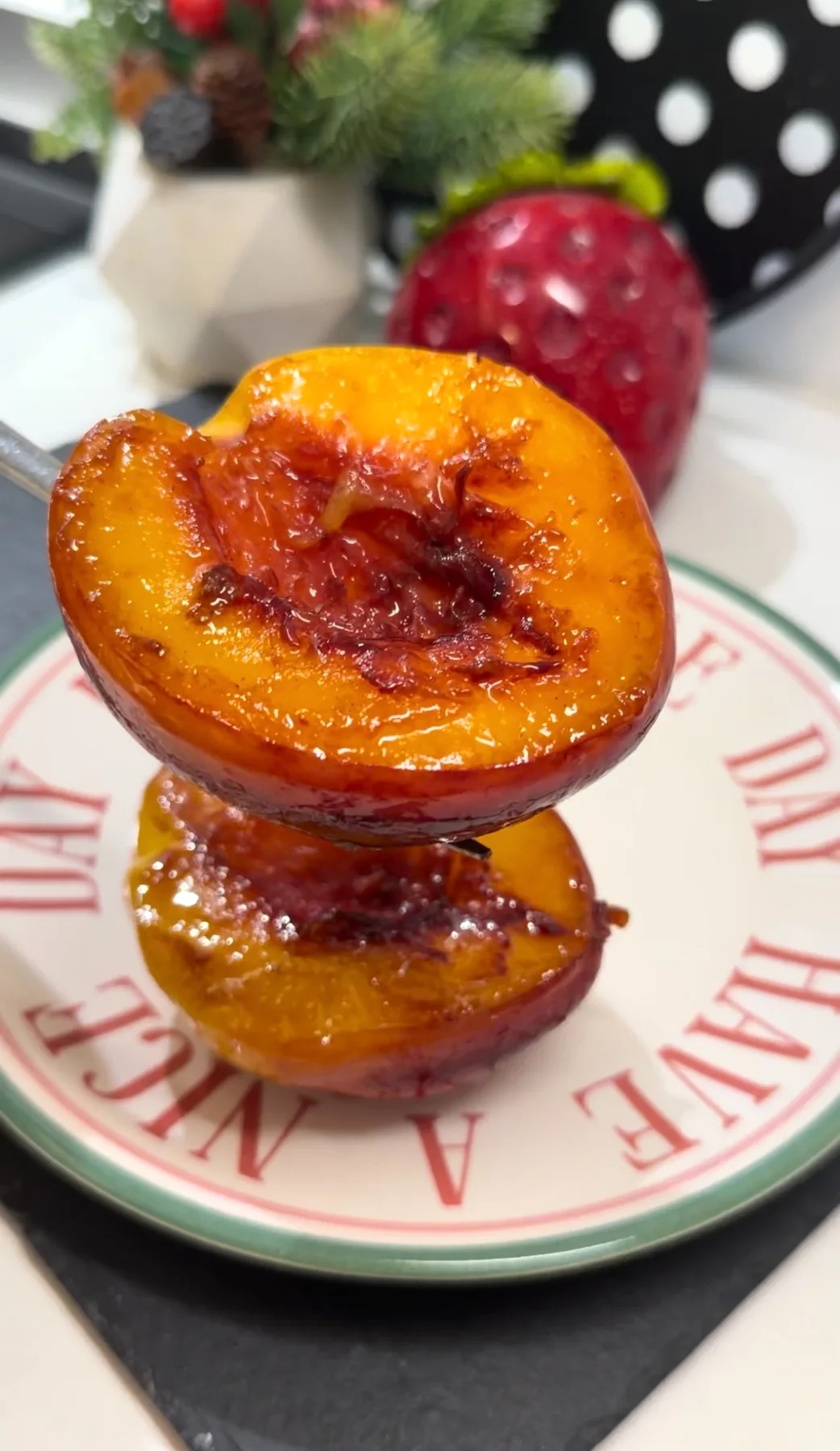Golden caramelized peach coated with butter and brown sugar