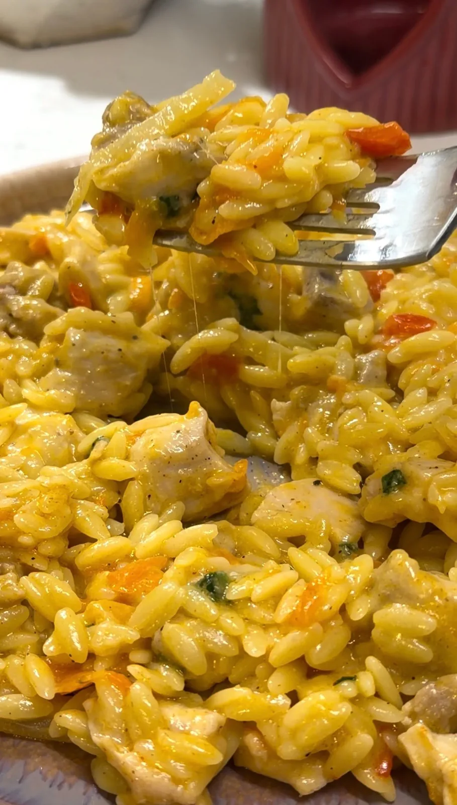 creamy chicken orzo pilaf with melted cheese served on a fork