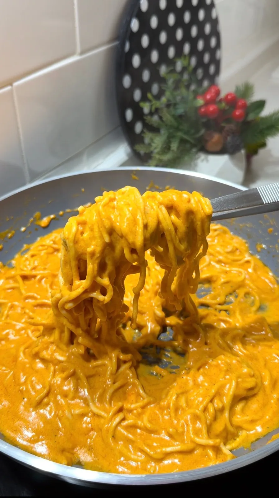 finished creamy cheesy noodles with thick melted cheddar sauce
