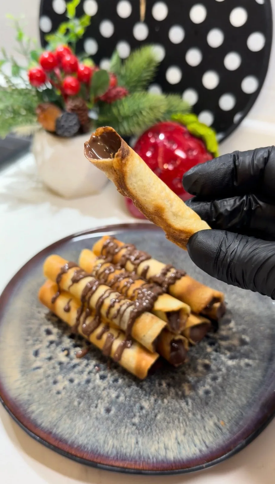 crispy homemade wafer roll filled with creamy chocolate spread