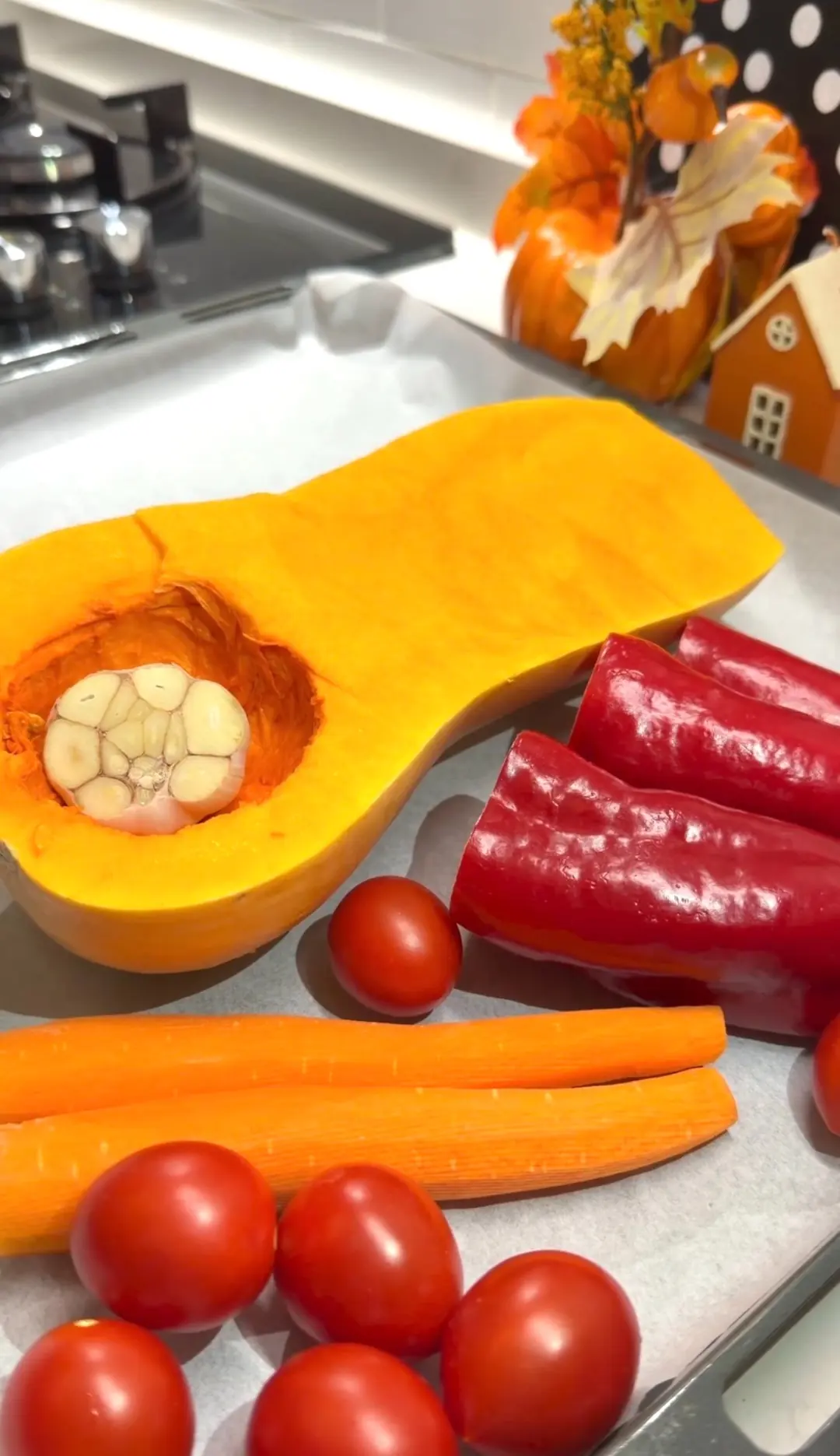 Roasted butternut squash, peppers, garlic and red onion