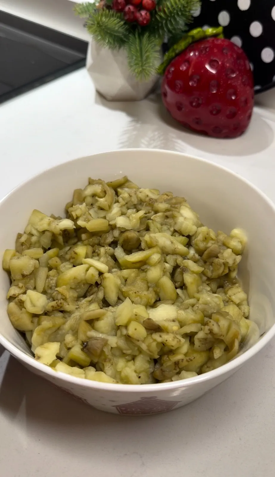 Chopped roasted eggplant prepared for Turkish yogurt dip