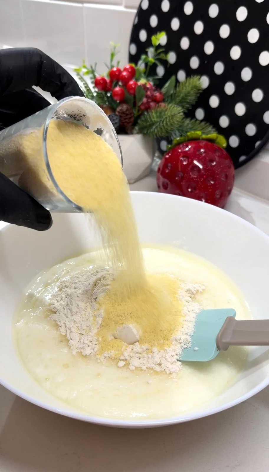Add the semolina and flour to the yogurt mixture and fold everything together until you have a thick, smooth batter with no dry pockets remaining.