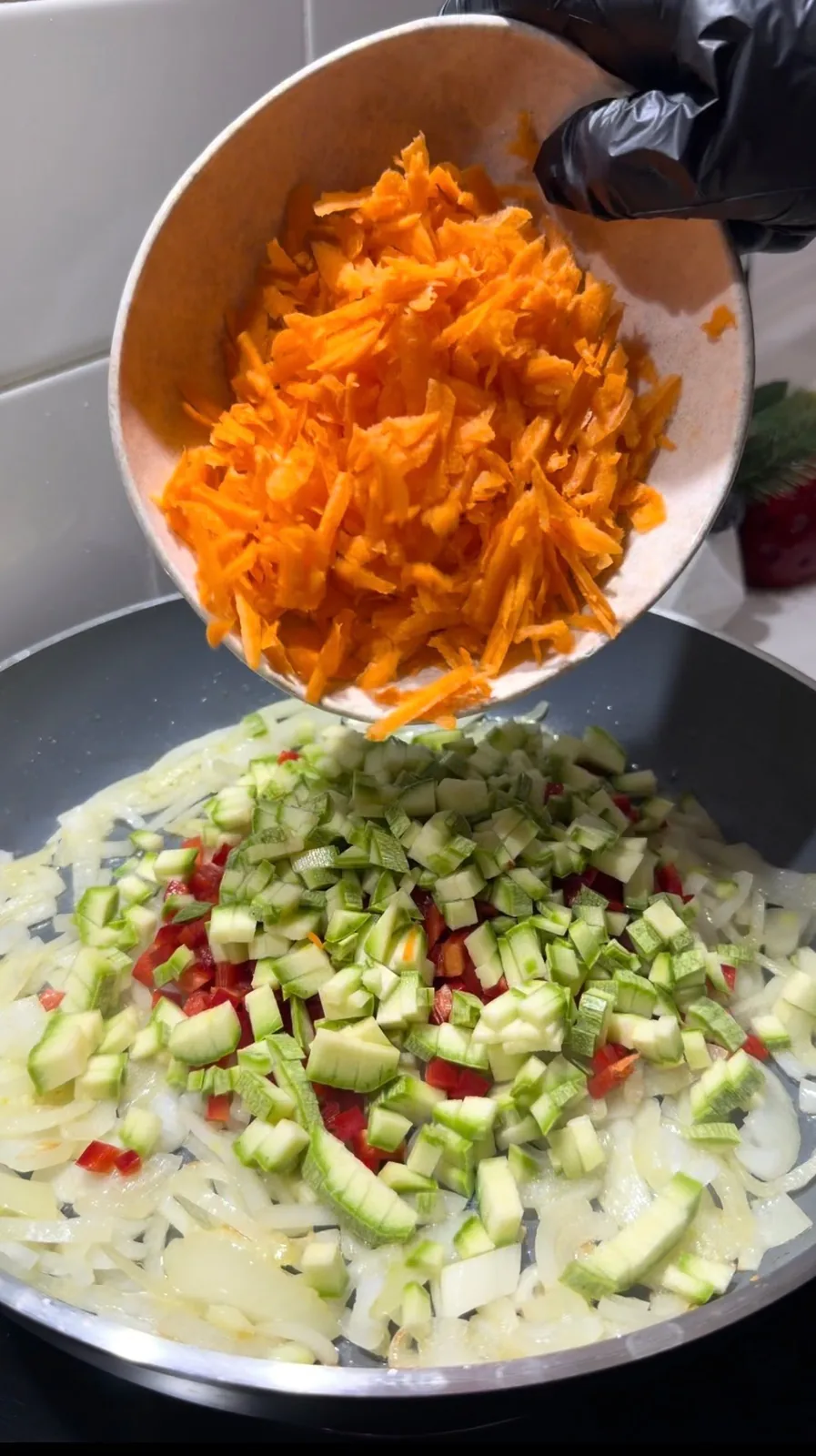 carrot added to sautéed zucchini, red pepper and onion for savory kadayif filling
