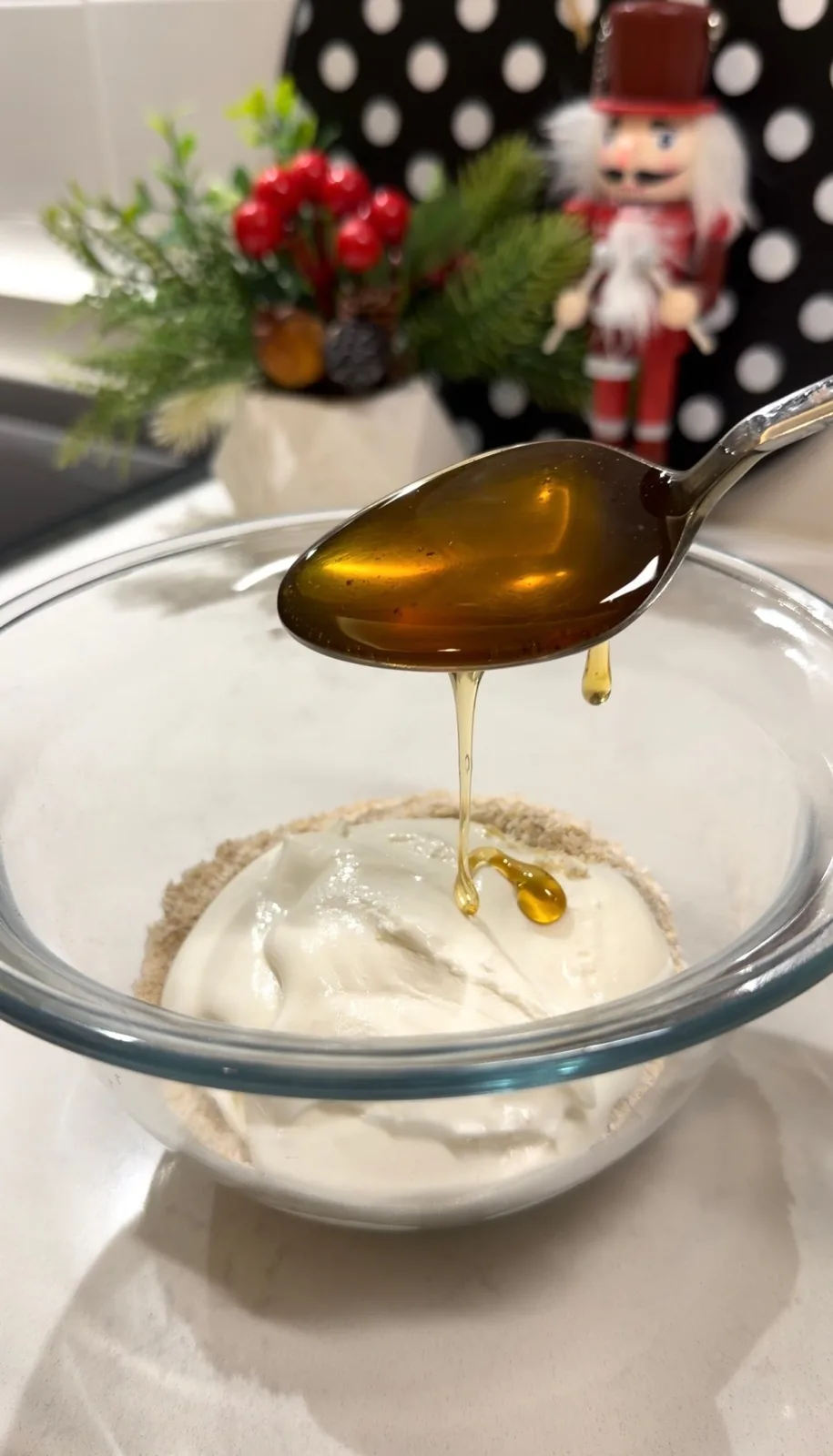 coffee poured over oats labneh and honey for tiramisu balls
