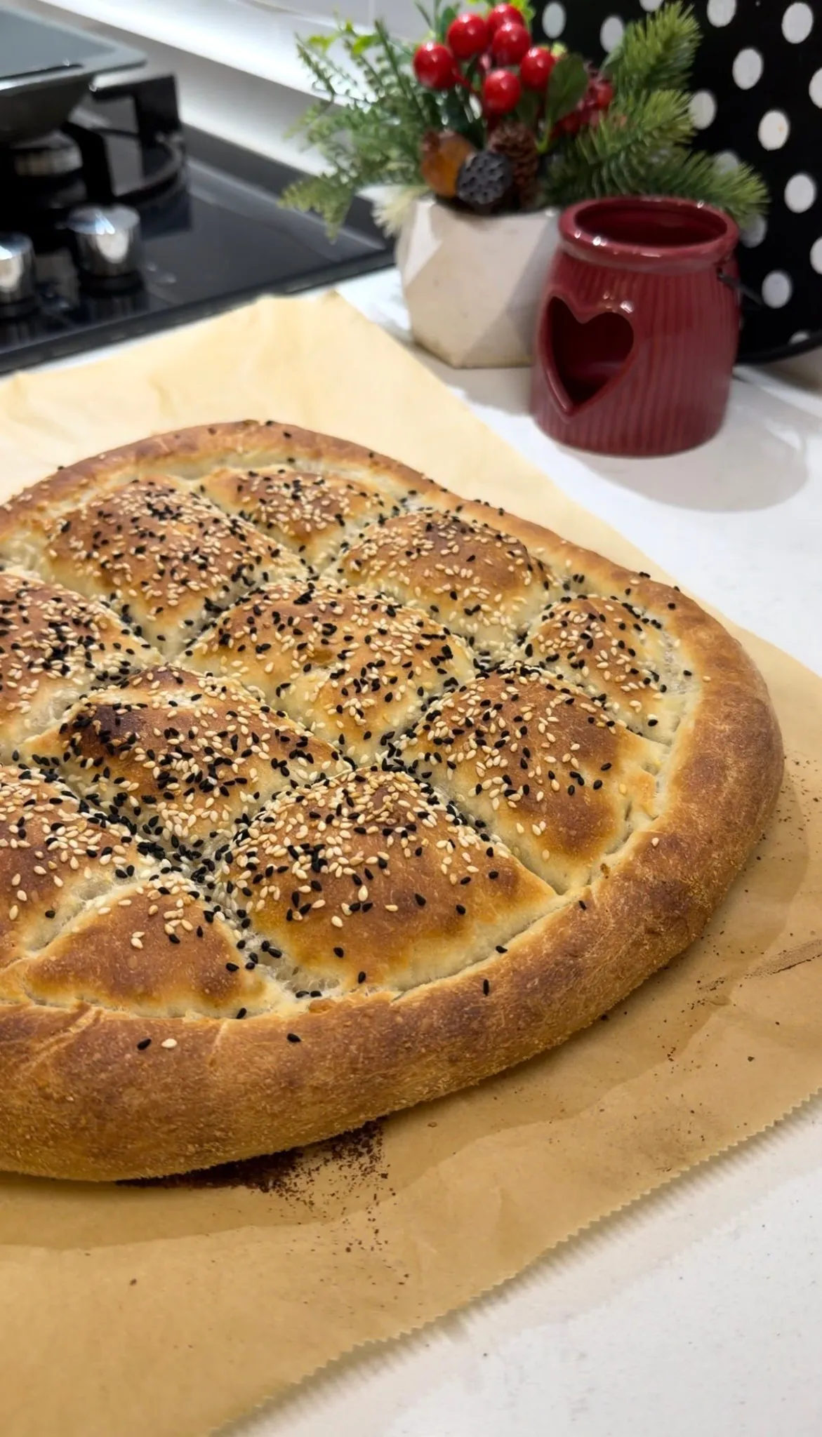 Close-up of homemade Turkish Ramadan pide showing its golden crust
