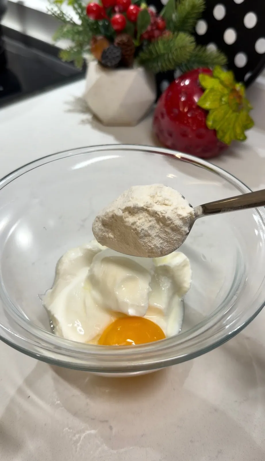 Yogurt egg yolk and flour being prepared for Turkish chicken soup